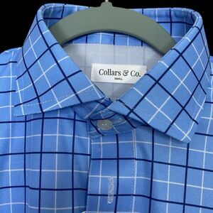 Collars & Co Polo Shirt Mens Small Blue Windowpane Plaid Golf Preppy Stretch NEW